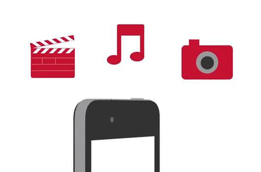 Illustrated graphic of clapperboard, musical note, camera, and smartphone