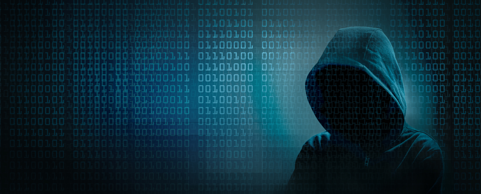 Binary code hacker with a hood on