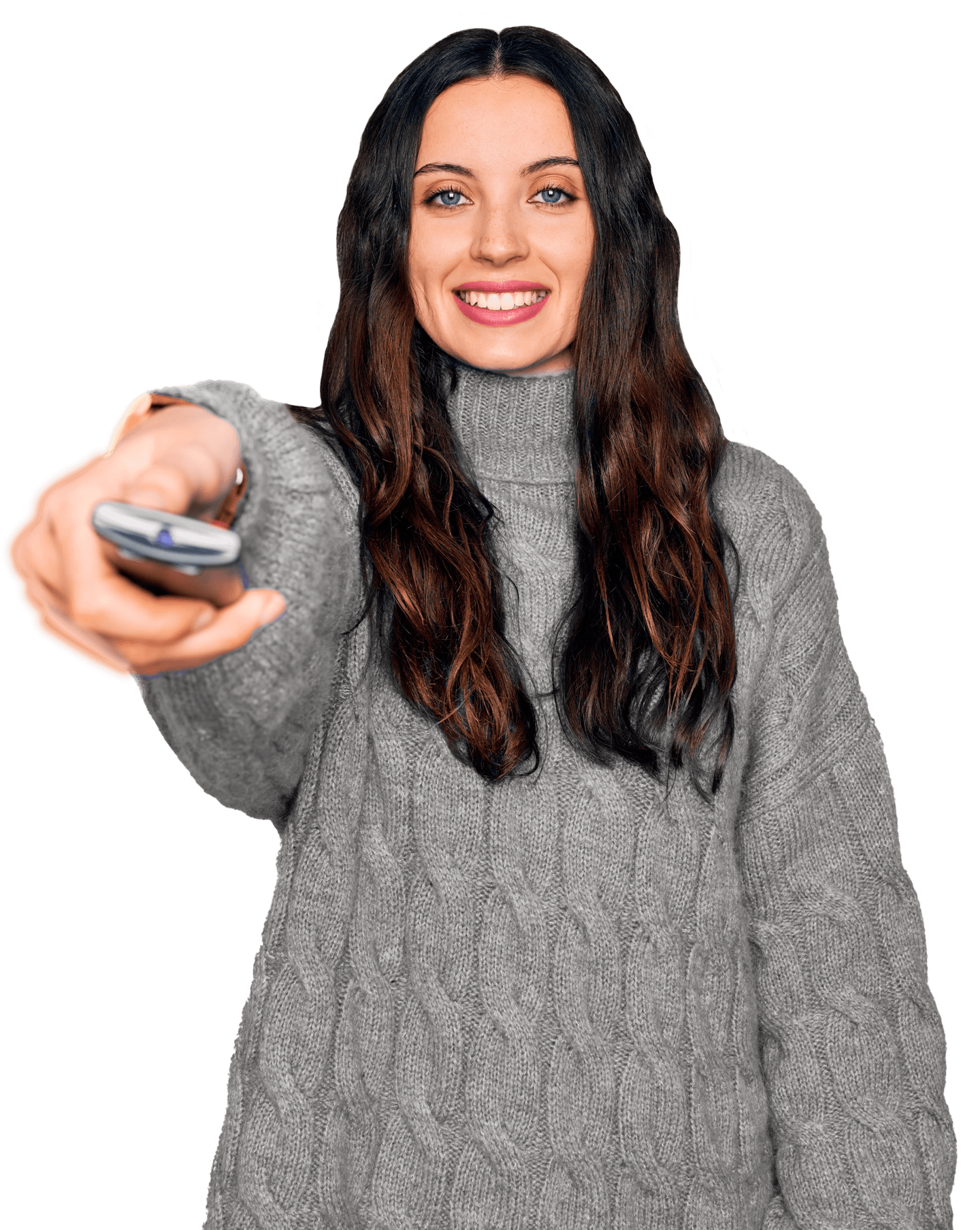 A woman in a gray sweater pointing a TV remote